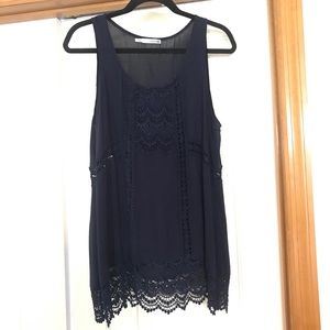 Navy tunic Tank with embroidery and lace crochet